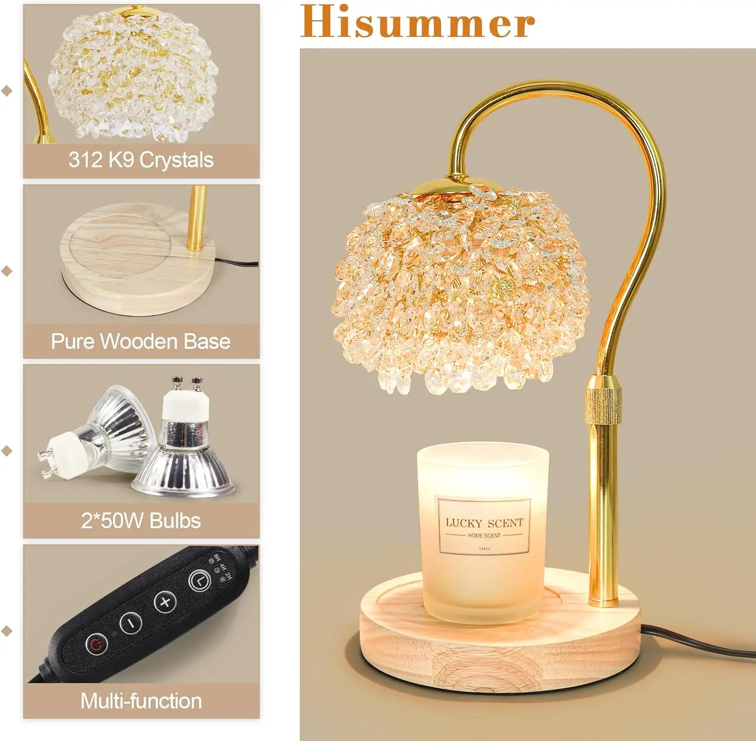 Lampada scaldacandele dimmerabile con timer, altezza regolabile per candele in barattolo, design in cristallo K9, regalo sicuro senza fiamma