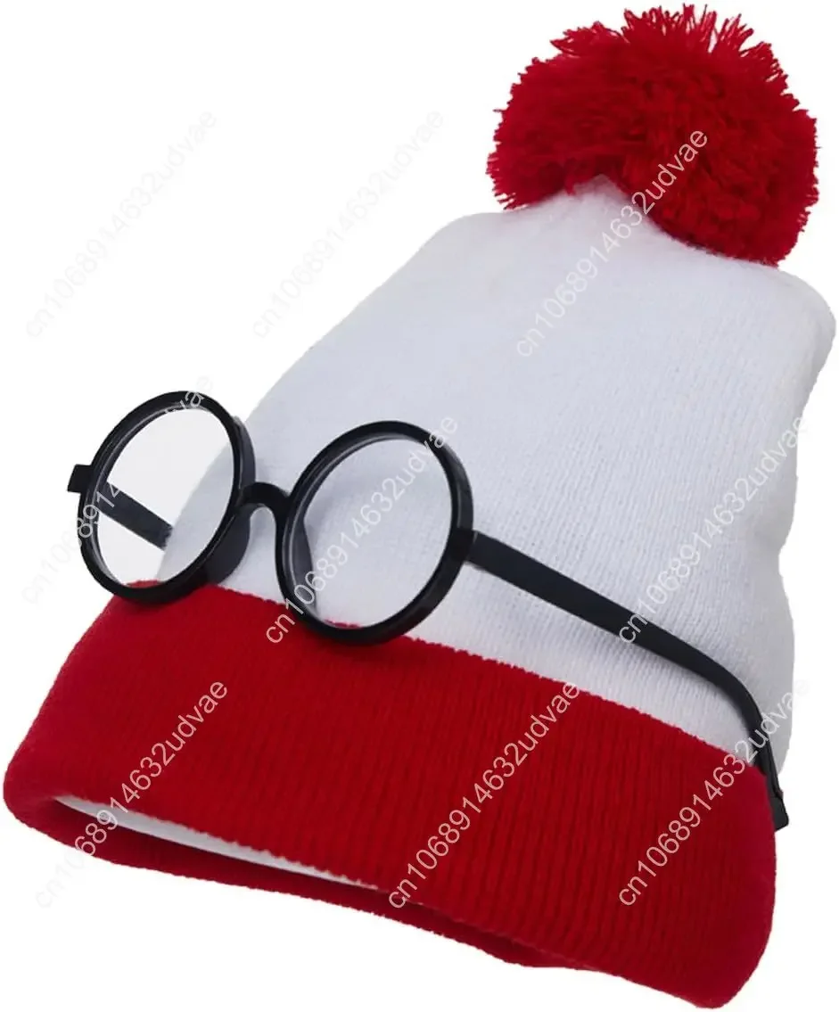 مجموعة قبعة صغيرة باللونين الأحمر والأبيض وإطار نظارات للرجال والنساء قبعة محبوكة لإكسسوار أزياء الهالوين #3