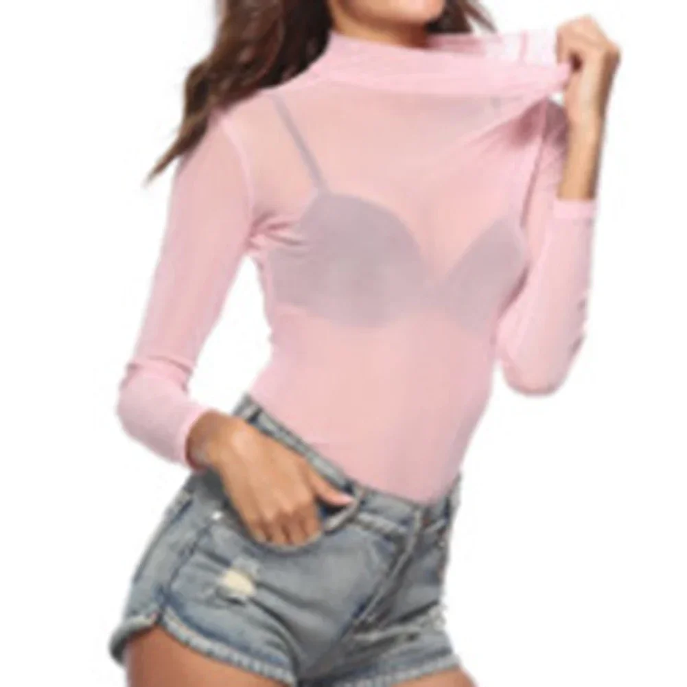 Novo verão sexy feminino manga longa camiseta transparente cor sólida malha senhoras topos sheer magro camisetas para fora wear