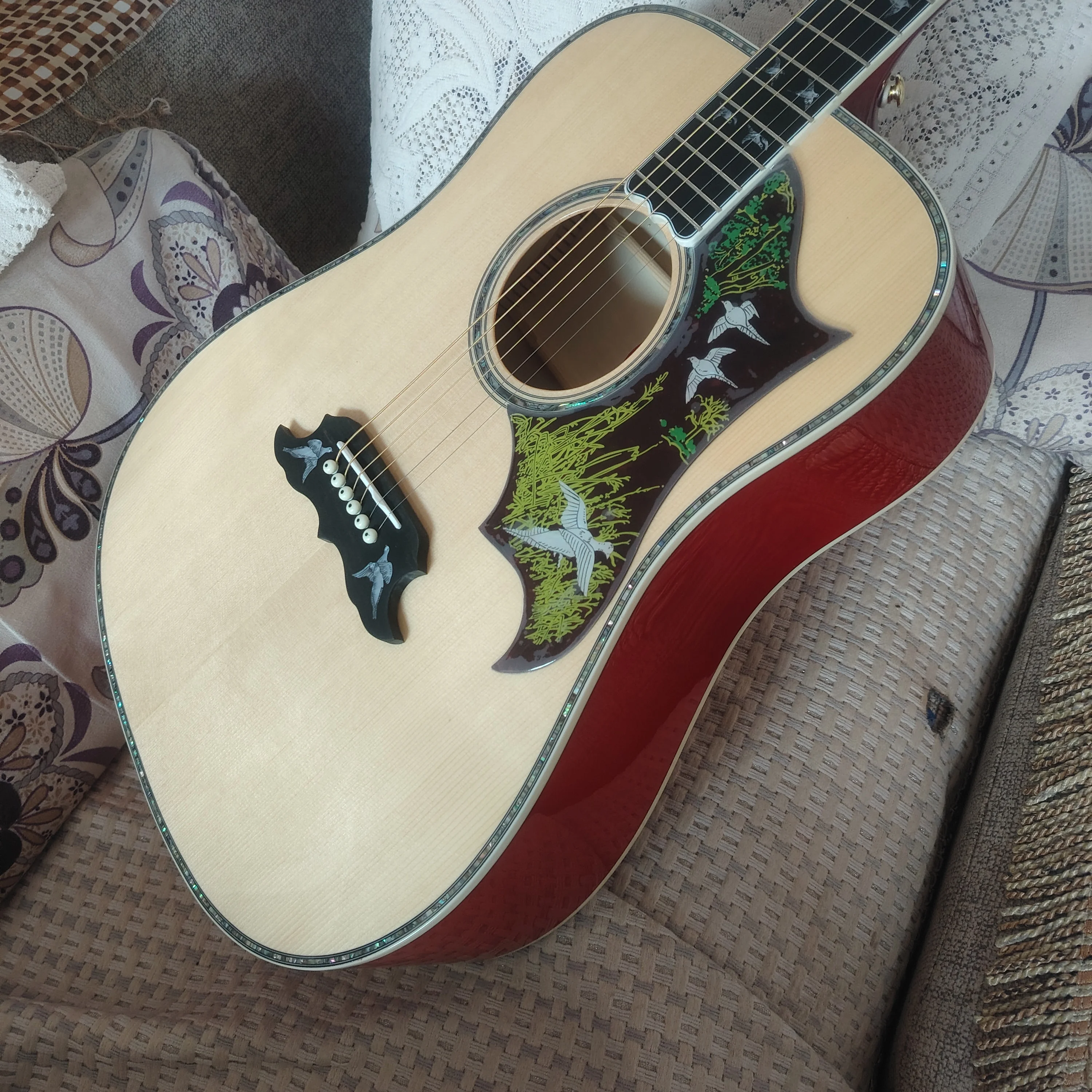 High Quality Pigeon Flock Inlaid Acoustic Folk Guitar In Stock, Flame Maple Top, Fast Delivery From Local Warehouse In The United States view 4