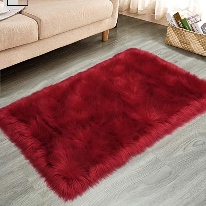 Red Bed Side Carpet Soft Fluffy Sheepskin Area Rugs Nordic Living Room Mat Bedrooms Floor White Faux Fur Bedside Rug