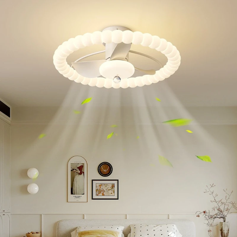 French Cream Style Plastic Ceiling Fan Lights for Bedroom Study Creative Hanging Lamps Semicircle Delicate LED Lighting Fixtures