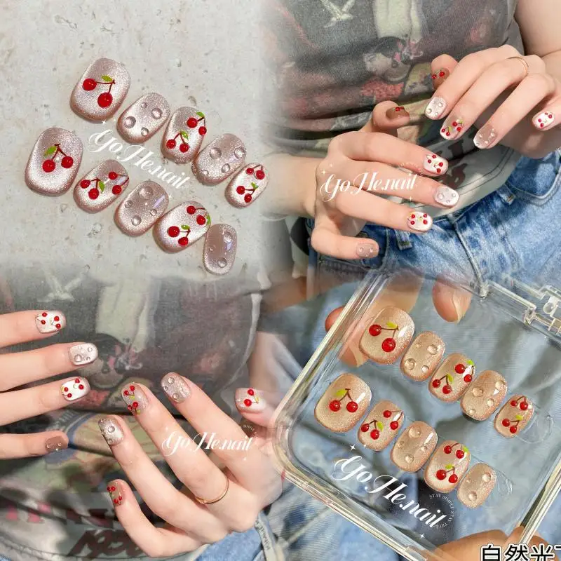 Diy 10Pcs Ins Contrasting Colors Cherry Ins Handmade Cat Eyes Press On Nails Eyes Nails Reusable Nails Girls Gift