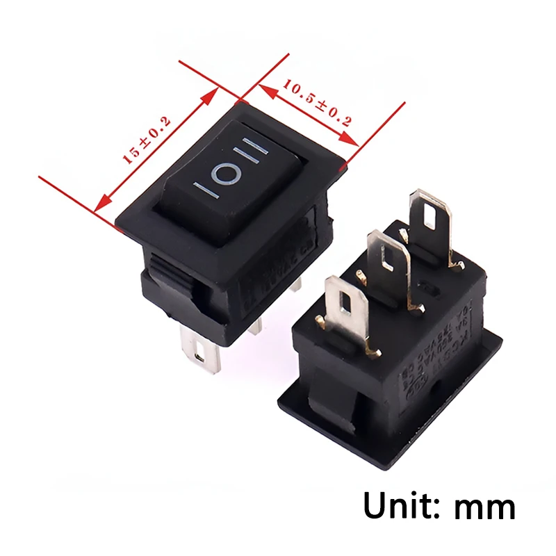 15 Stück Kleiner Wippschalter Kcd11 10x15mm Schwarz Rot und Weiß Mini-Druckknopf EIN-AUS Snap-In 2-polig/ 3-polig 3A 250V AC/ 6A 125V AC – Detail 6