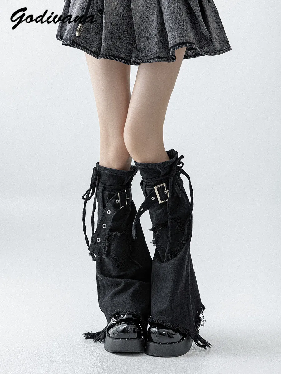 Star Strap Denim Leg Warmers for Women Girls Spring Summer Y2k Hot Girl Subculture Floor Mopping Comic Exhibition Matching Socks
