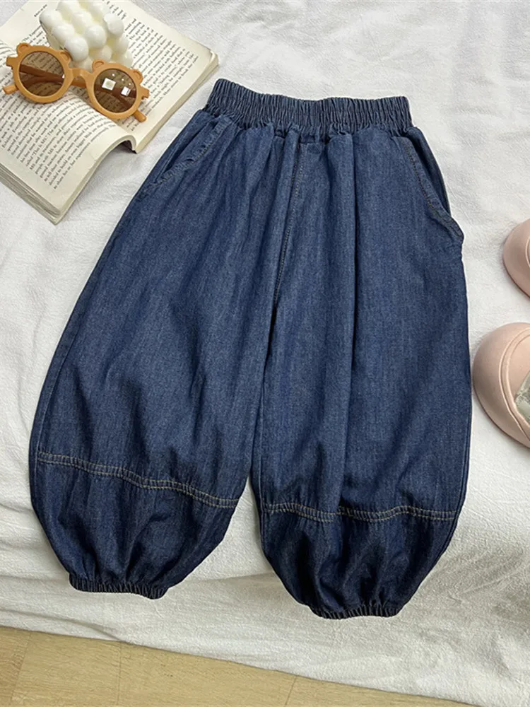 Calças de Verão em Jeans para Crianças, Calças Lanternas Largas e Finas, Calças Casuais Confortáveis e Respiráveis em Algodão para Meninos e Meninas
