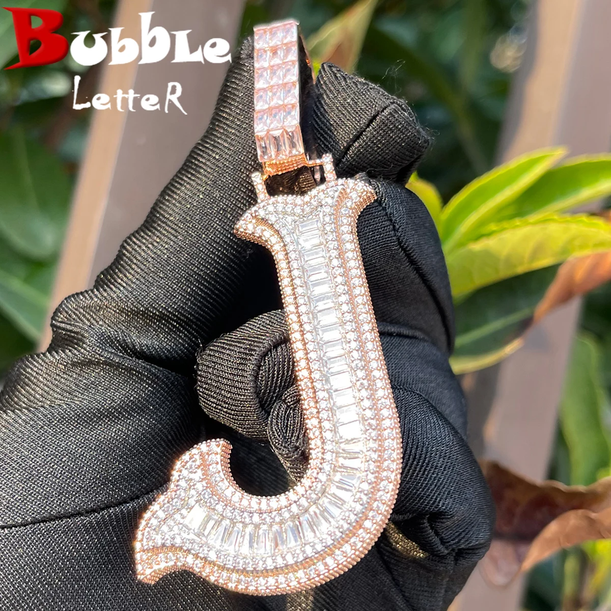 

Bubble Letter Initial Necklace Iced Out Pendant Baguette Prong Setting Micro Pave Two Tone Hip Hop Jewelry for Women