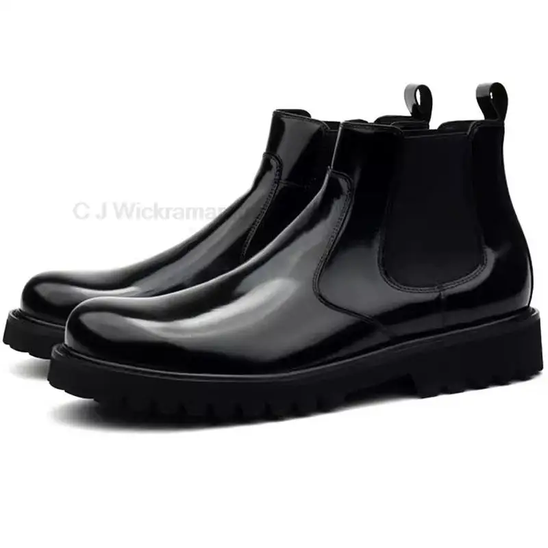 High Quality Men\'s Boots Genuine Leather Black Slip On Round Head Brogue Male Dress Shoes Wedding Luxury Chelsea Boots Men