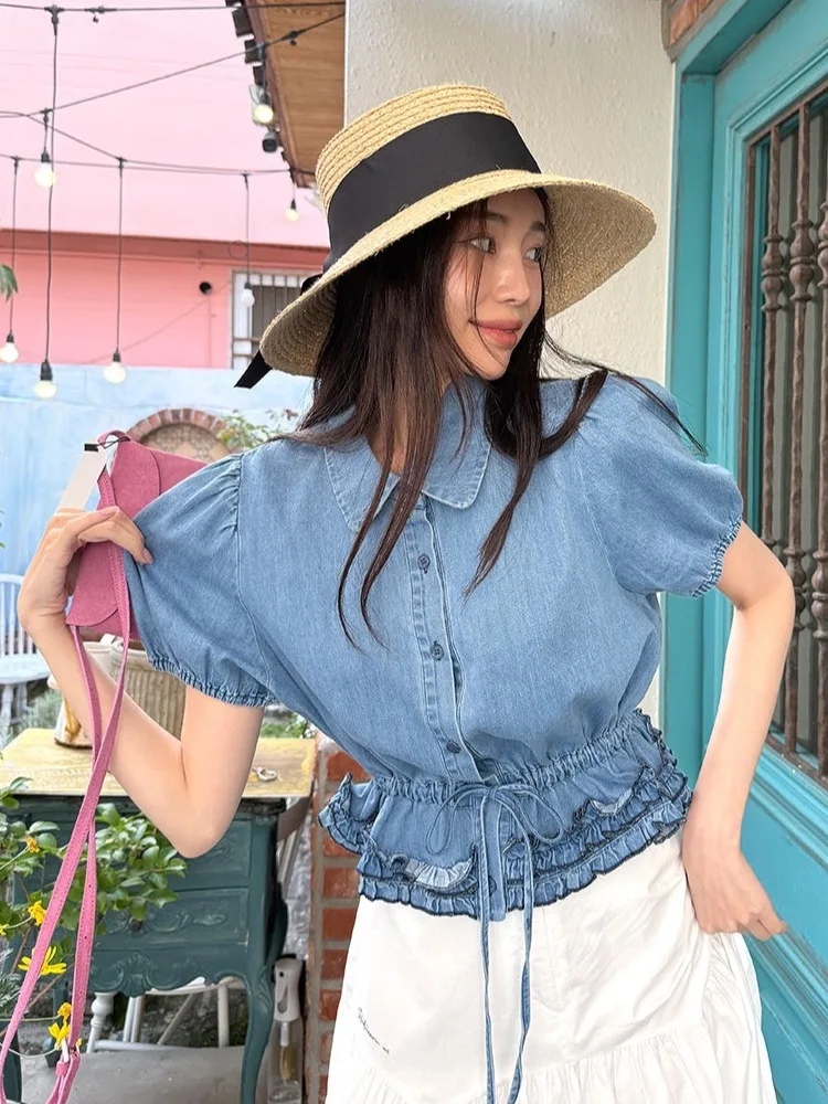Women's Denim irt Bubble Sve  Collar Dstring Waist Slimming Sweet Wood  Baby Doll Top Cotton ort Sve