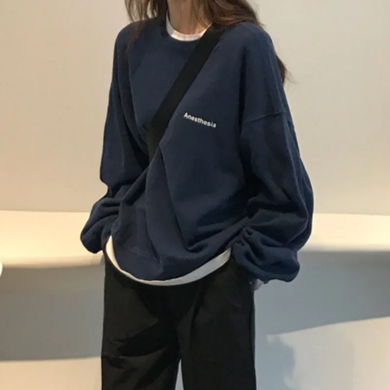 O-hals Hoodies Voor Vrouwen Geen Hoed Koreaanse Stijl Eenvoudige Lente Herfst Lange Mouw College Meisjes Ins Chic Brief Casual Cool Ulzzang