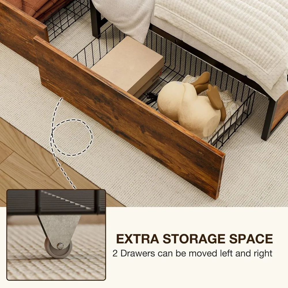 إطار سرير معدني مزدوج الحجم مع أدراج تخزين XL ولوح للقدمين، وسرير بمنصة دعم قوية