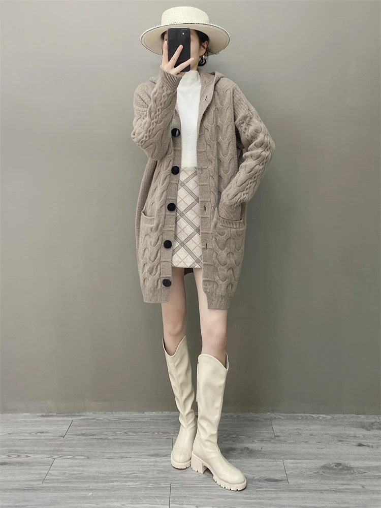 

Новый женский однотонный вязаный толстый длинный кардиган из 100% мериносовой шерсти с длинными рукавами и капюшоном, осенне-зимняя повседневная удобная одежда