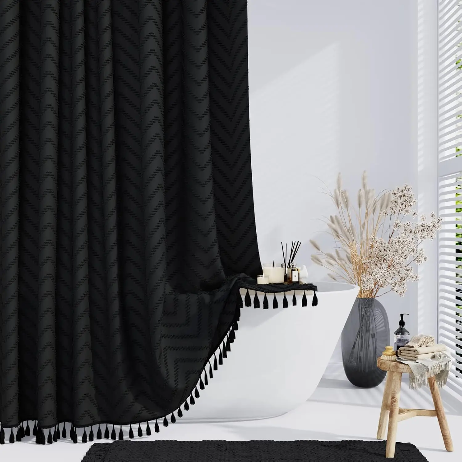 

Boho Farmhouse Shower Curtain, Black Tufted Chevron Striped Tassel, Water Repellent Fabric, 72x72 with Hooks