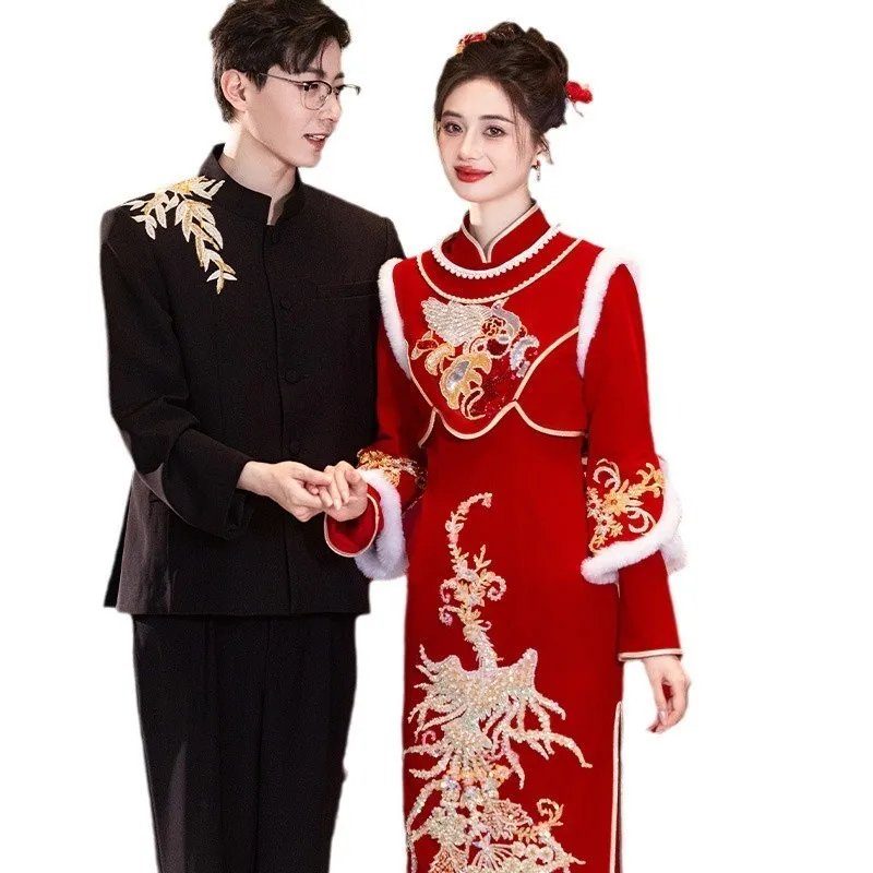 New Chinese-style toasting cheongsam velvet wedding suit