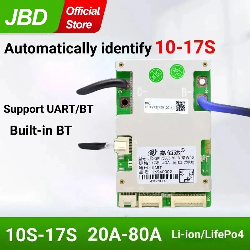 

10-17S JBD Smart BMS 20A 40A 50A 60A 80A For LifePo4 36V 48V Lithium Battery Bms Protection Board Built-in BT