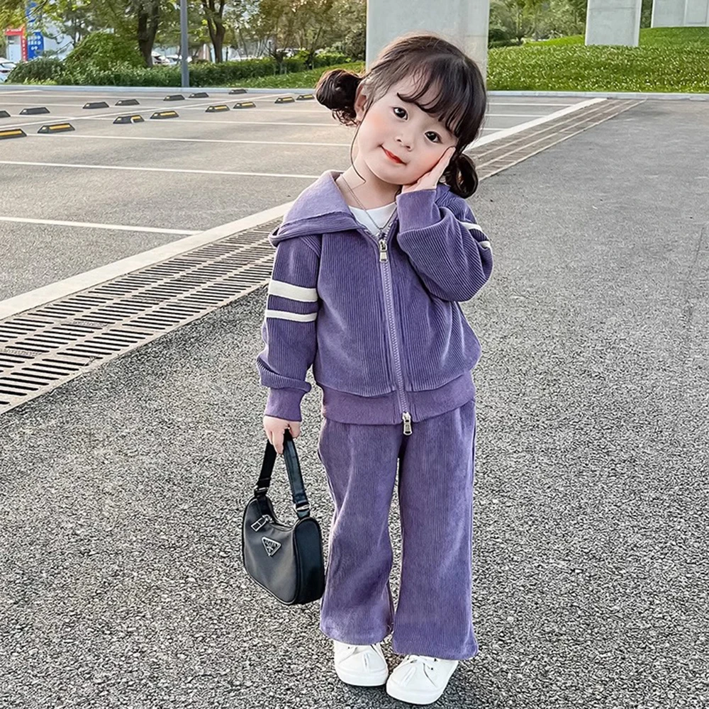 

Girls' Spring Autumn Set Korean Edition Children's Fashion Casual Corduroy Hoodie Straight Leg Pants Sports Two Piece Set