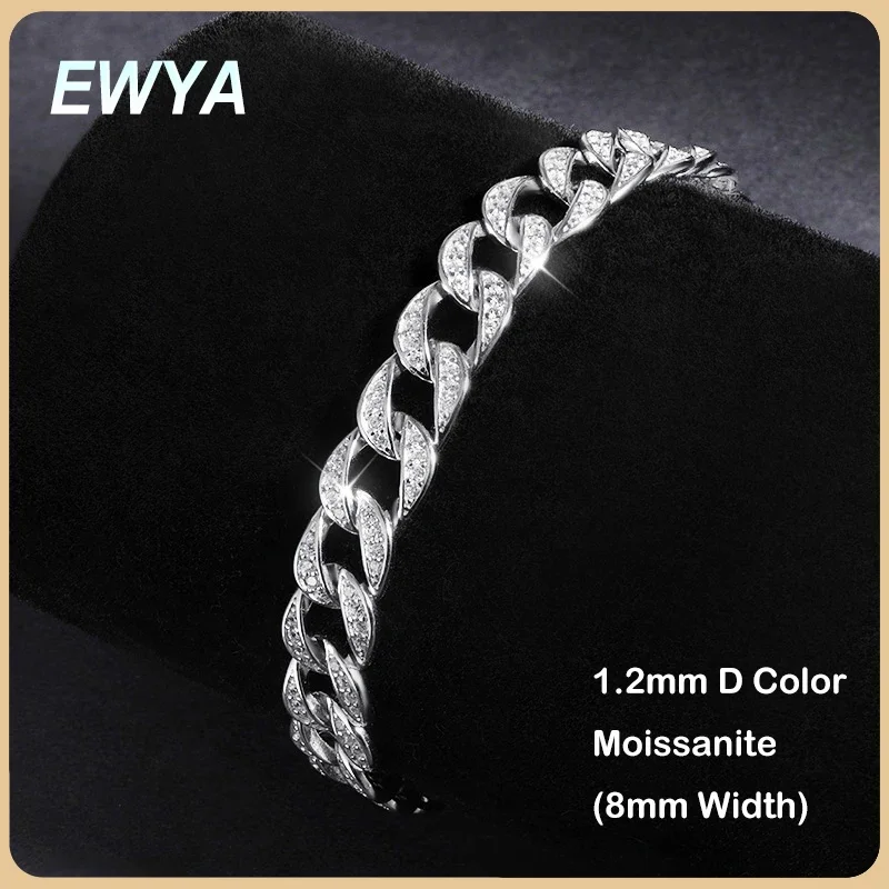 EWYA Full 1.2mm D Color Moissanite Cuban Link Bracelet For Men Women Unisex S925 Silver Pass Diamond Test 8mm Wrist Bracelets