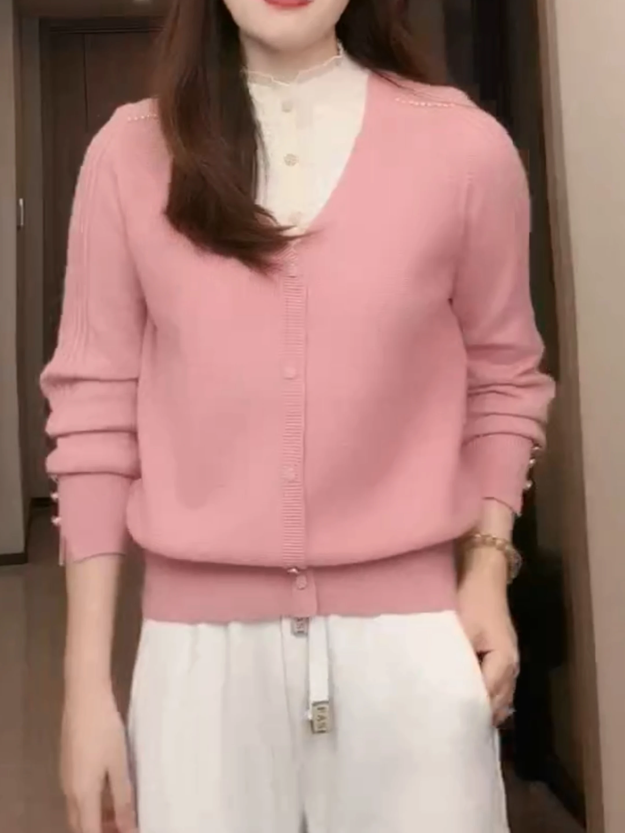 

Korean Sle Fake Two-Piece Knitwear Long Sve Pink Gentle Sweet Slimming Top for Autumn Season plus Size Comfortable Cardigan