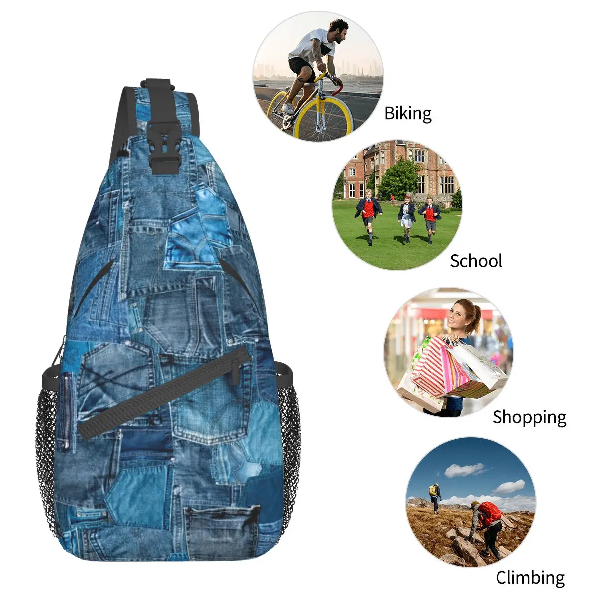 Blue Denim Jeans Pocket Crossbody Sling Bag Casual Peito Bag Patchwork Ombro Mochila Daypack Viagem Caminhadas Sports Bookbag