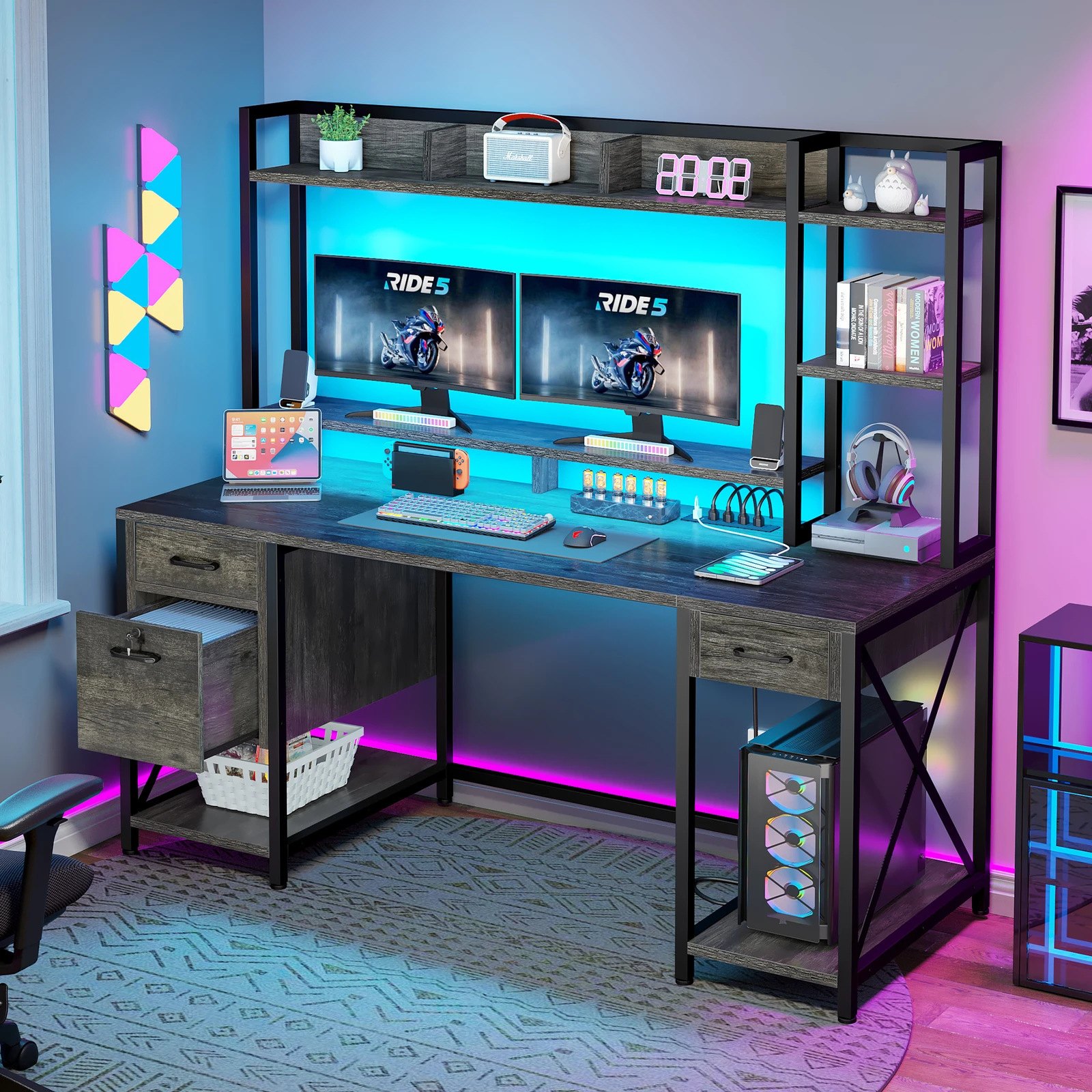 

59" LED Computer Desk with Power Outlets Gaming Desk Home Office Desk with Hutch