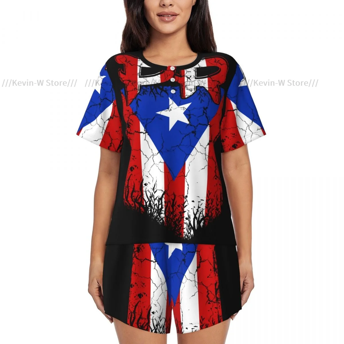 بيجامة نسائية بأكمام قصيرة بورتوريكو Pr Flag 2 قطعة ملابس نوم نسائية صيفية ملابس نوم منزلية