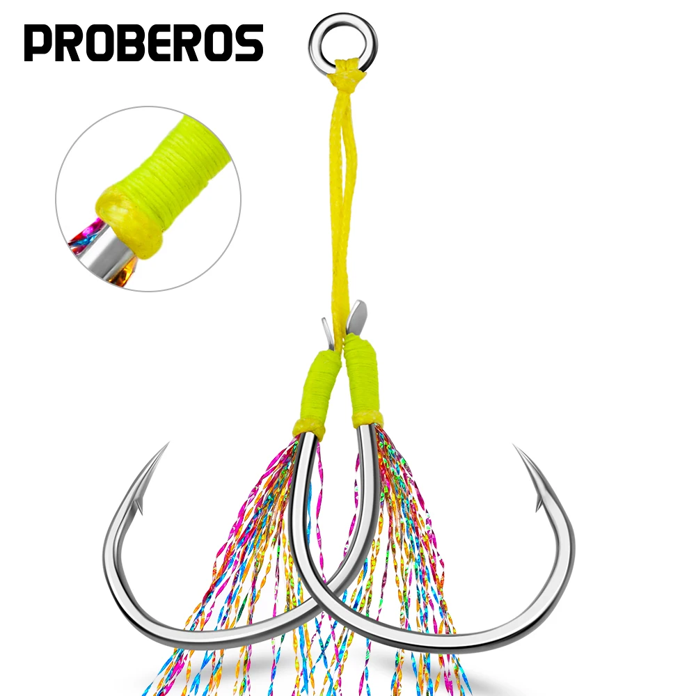 PROBEROS 10pair Double Barbed Assist Hooks High Carbon Steel Fishing Lure Accessories Hooks With Feather pesca Jigging Hooks