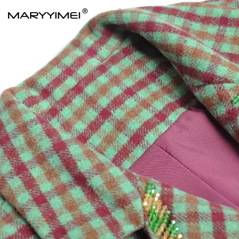 MARYYIMEI Autumn Winter Green Plaid Women\'s Coat Notched Long Sleeved Double-breasted Beading Fashion Streetwear Overcoat