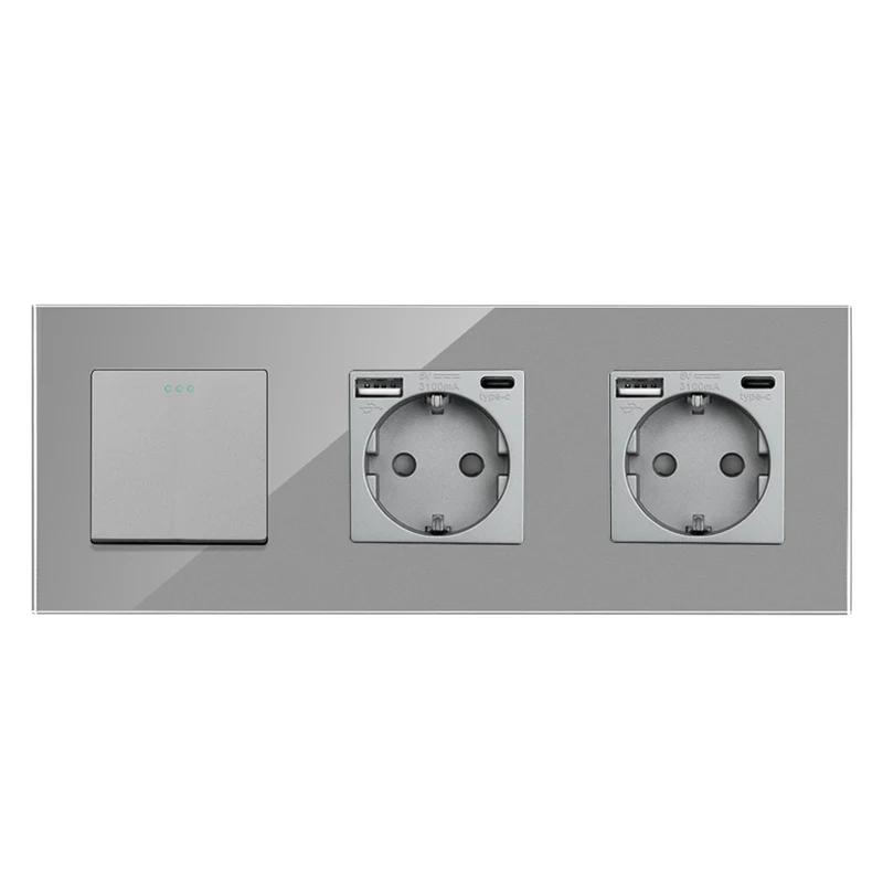DAJIMEI Button Switches and USB Sockets EU RU Standard Type-C Electrical Double Socket with 1gang 1/2way Light Switches