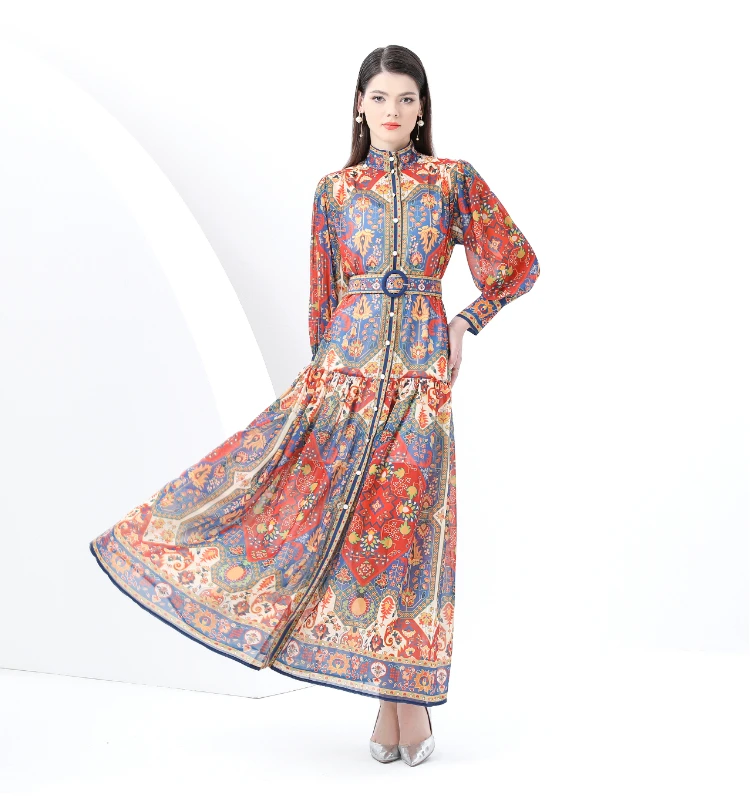 ZAROY Vintage Boho imprimé lanterne manches Maxi robe Buton-up a-ligne imprimé ceinturé luxe longue robe élégante fête robes לה