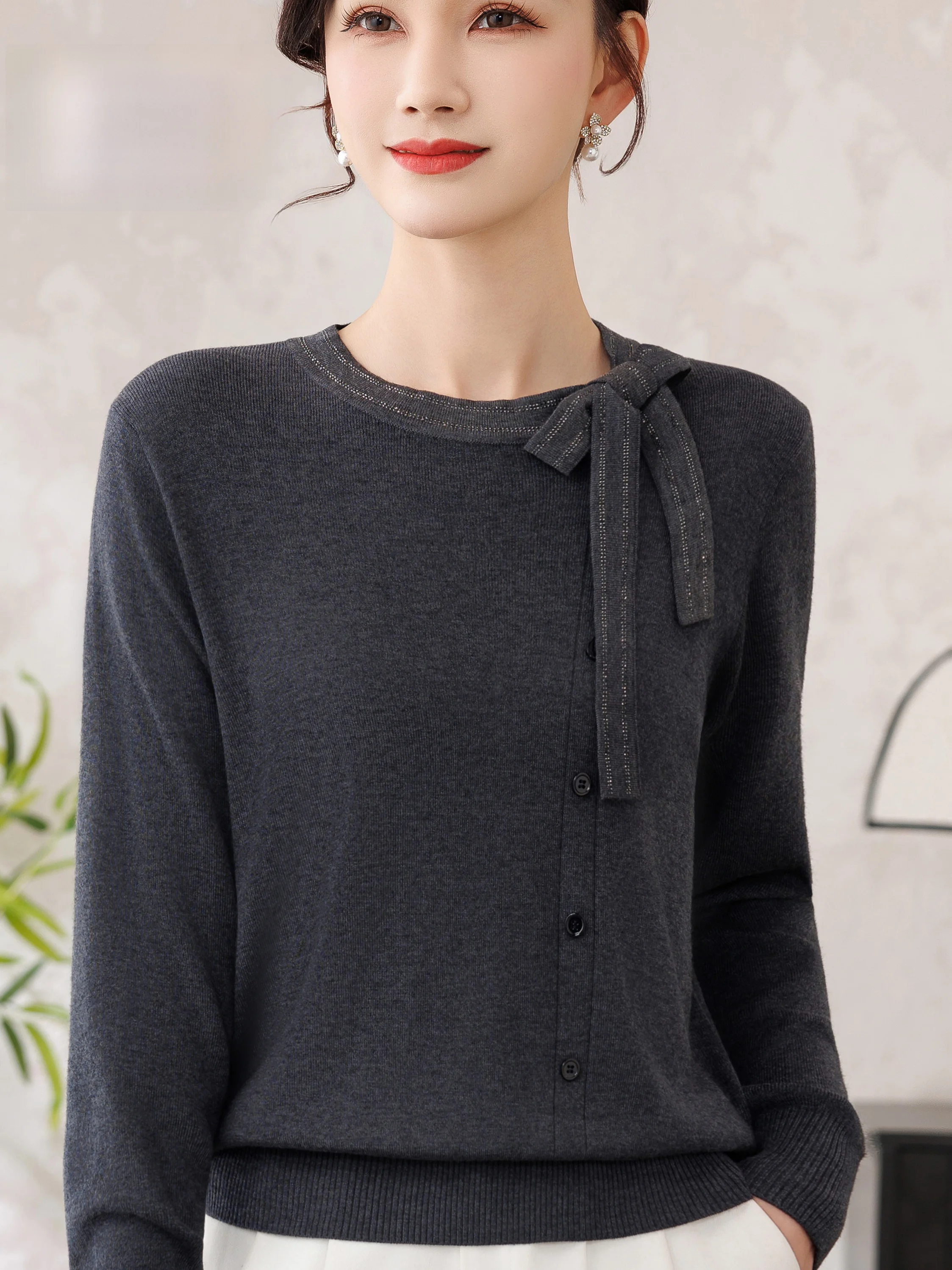 

2026 New Sle Button up Knitwear Slim Fit round Ne T-irt for Older Women Faionable Anti-Static Easy Clean Daily Wear