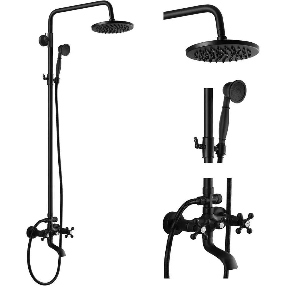 8-Inch Matte Black Wall-Mounted Shower System with Double Handles and Adjustable Handheld Sprayer