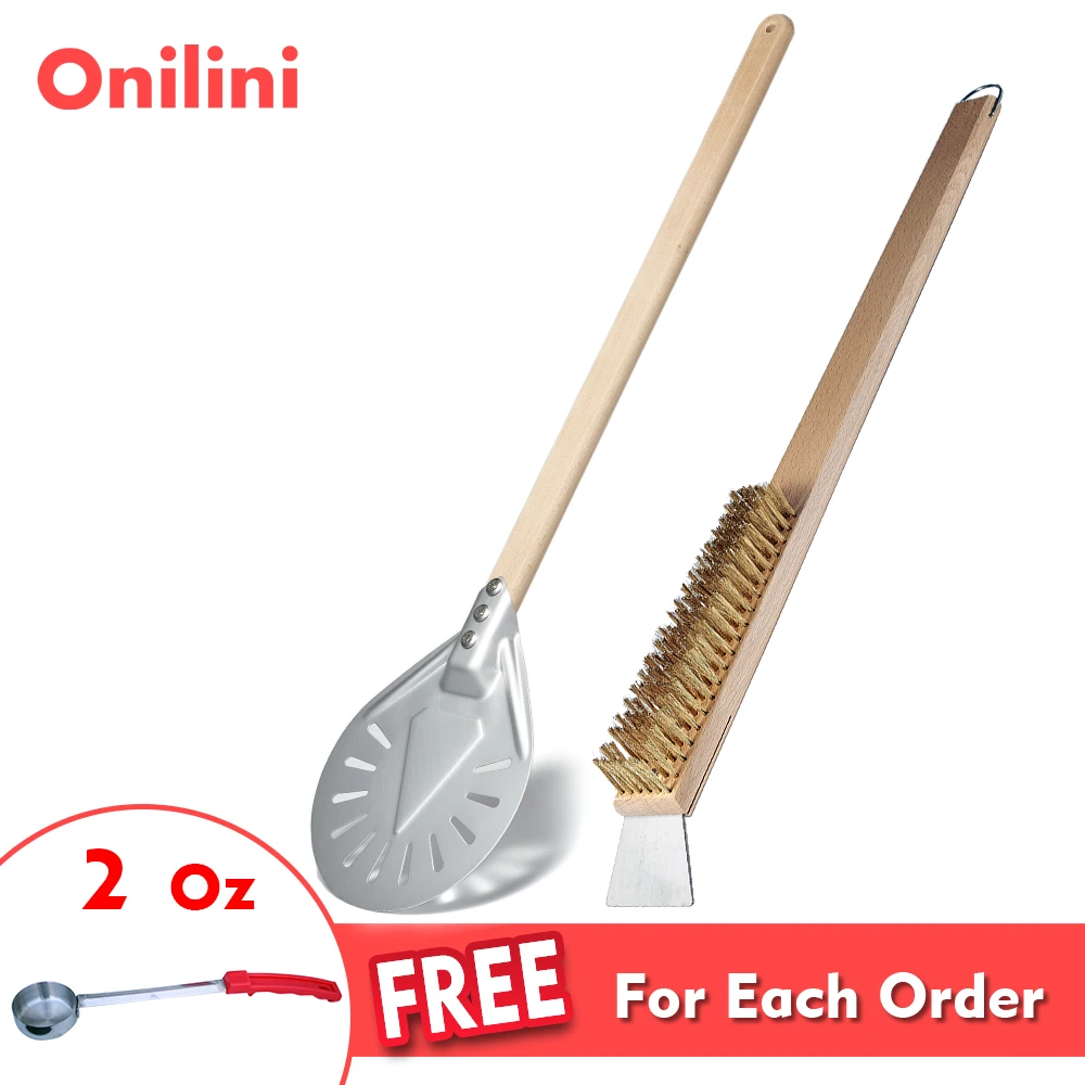 

Onilini 7/8/9 inch Pizza Peel Wood Handle and Scraper Oven Copper Brush Set Pizza Shovel Oven Cleaning Brush Pizza Accessories