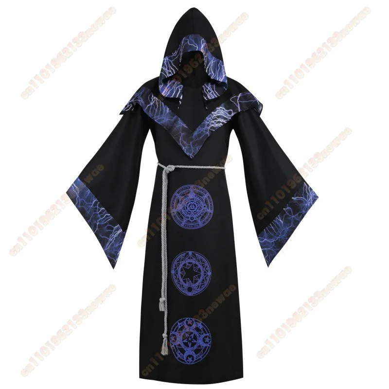 남자 중세 후드 망토 골드 인쇄 이교도 마법사 마녀 마법사 코스프레 의상 할로윈 카니발 파티 고딕 가운 의상