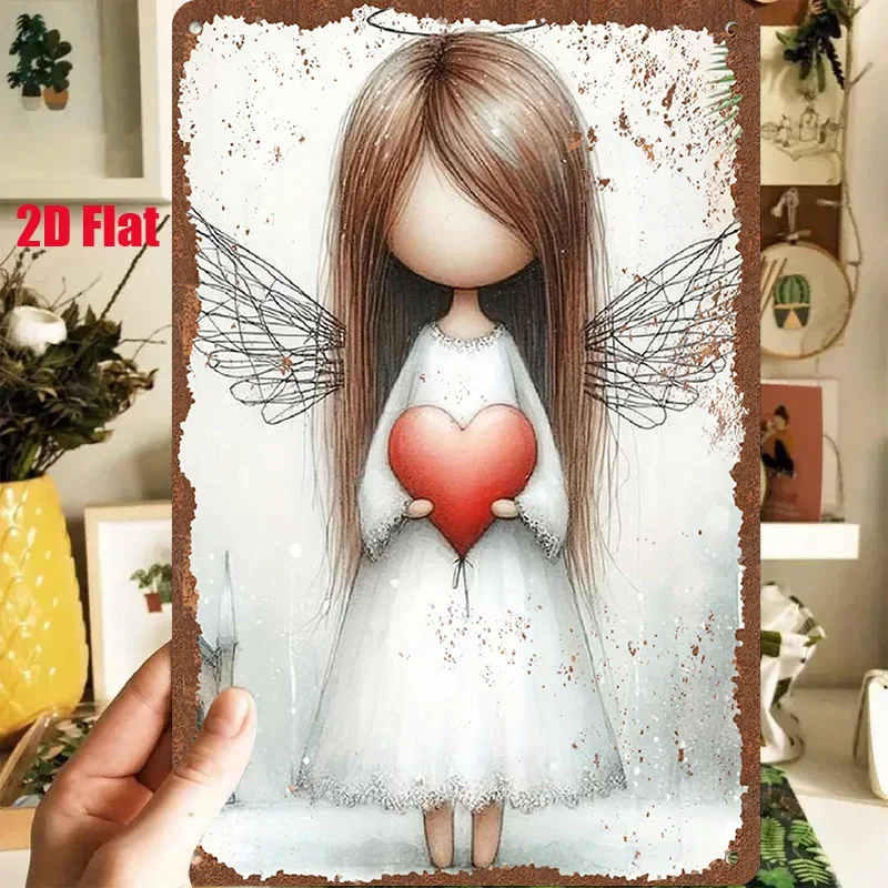 2D Flat - 1pc 2D [Flat] Metal Sign Vintage Tin Art: an Angel Cradling a Red Heart, with Flowing Long Hair And Gently Spread Wing