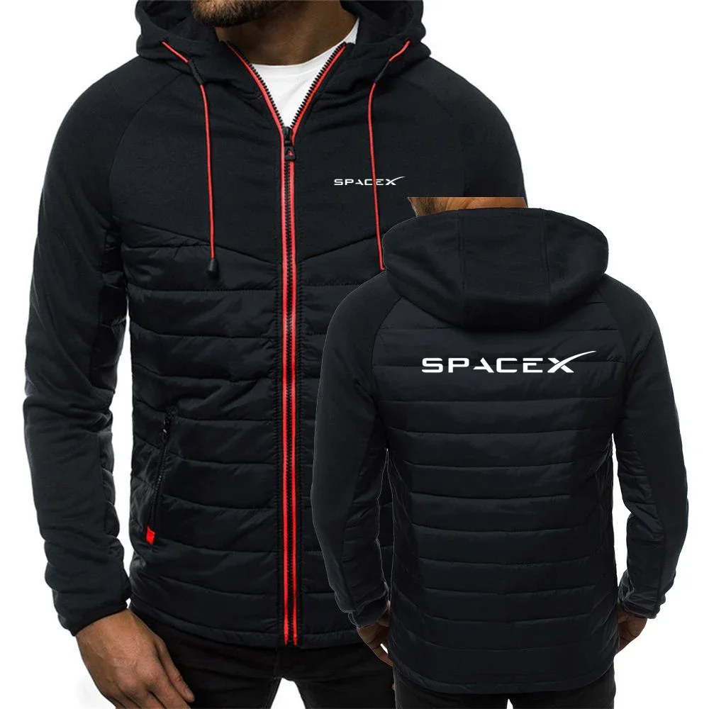 SpaceX Space X Logo 2023 Men's New Autumn And Winter Fashion Print Color Block Zipper Up Hooded Casual Keep Warmer Coats Jacket