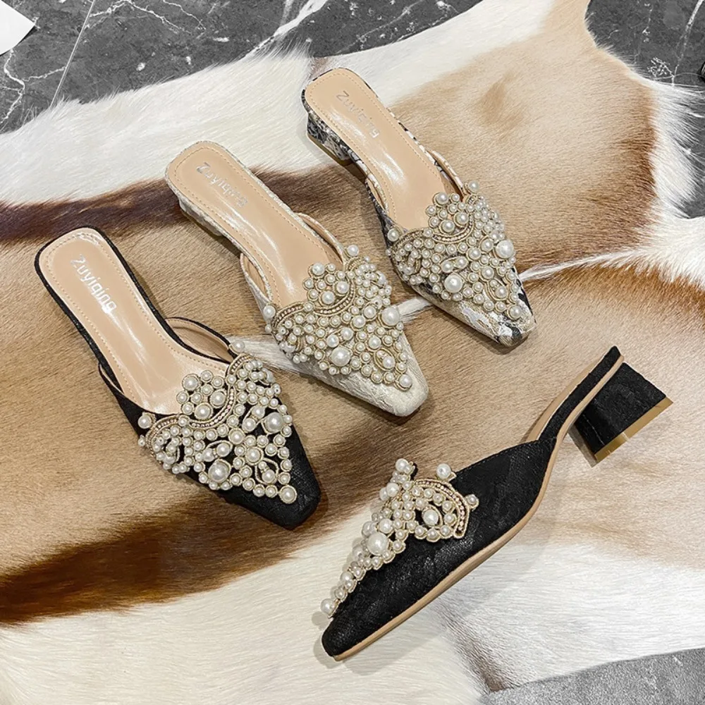 Autumn New Thick Heel Baotou Slippers Women Shoes with Pearl Decoration Square Head Half Slippers for Women\'s Outwear Sandals