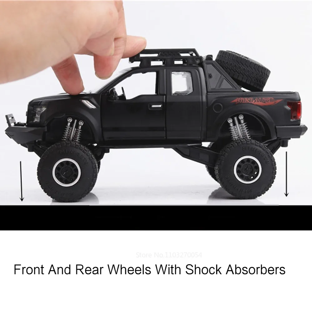 Scale 1/32 Ford Raptor F150 Cars Model Toys Diecast Alloy Pickup Metal Body Rubber Tires Sound Light Vehicles Toy Gifts for Kids