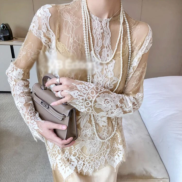 Lace romantic, minimalist and slimming French hollow out sexy hook flower soft sticky cover up shirt for women