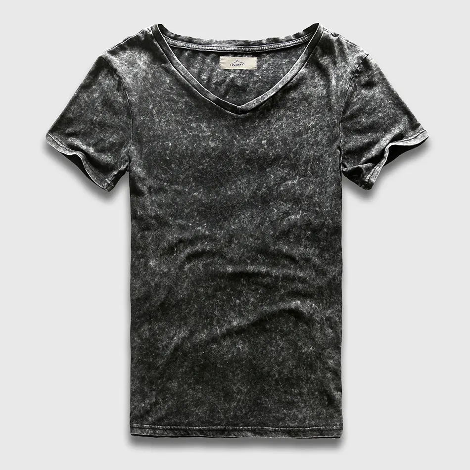 Zecmos Vintage Black T-Shirt Men China Size Fashion Heavy Washed T Shirts For Men Slim Fit V Neck Top Tees Male Short Sleeve