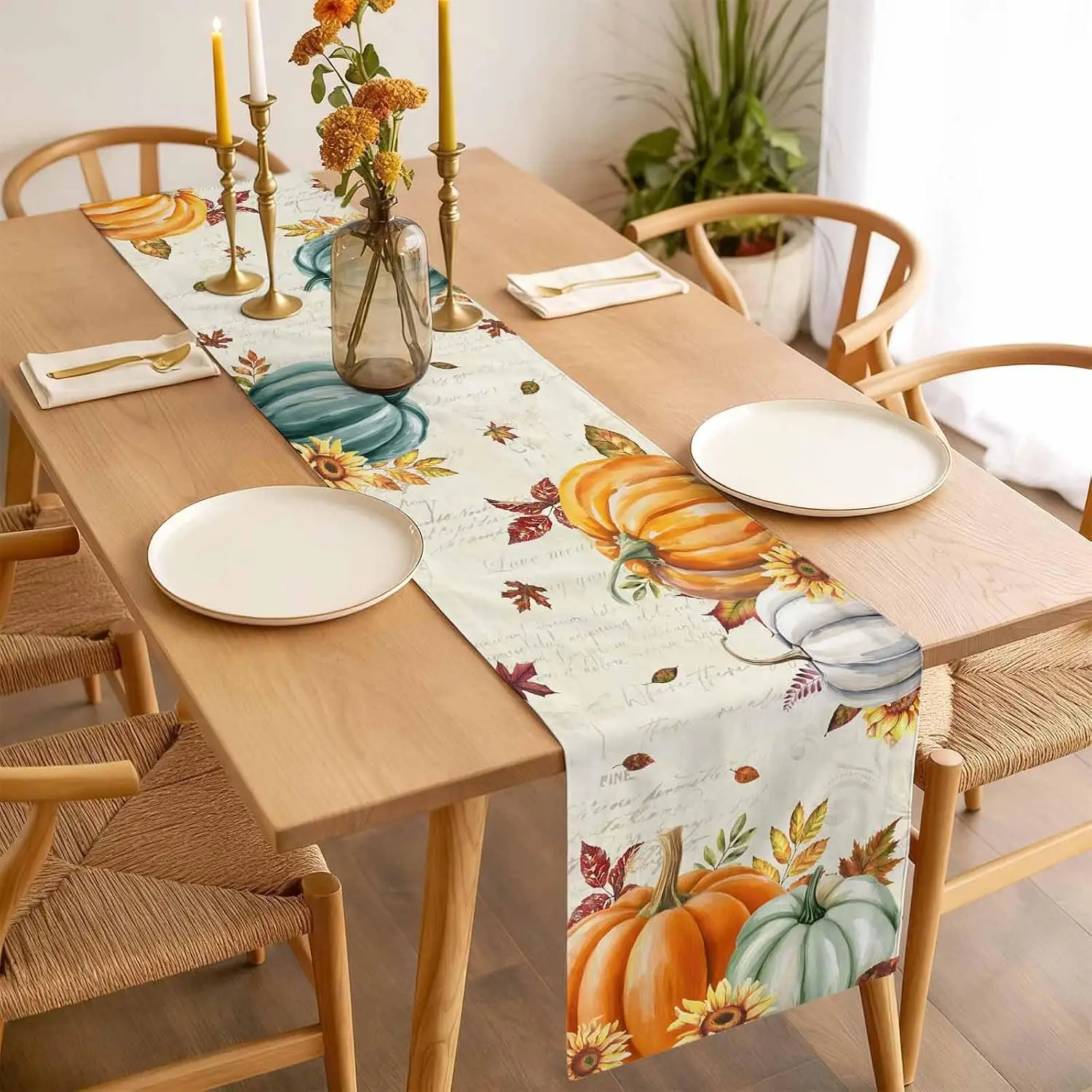 Fall Pumpkin Maple Leaf Linen Table Runner Holiday Party Decor Washable Farmhouse Kitchen Dining Table Runner Autumn Decorations