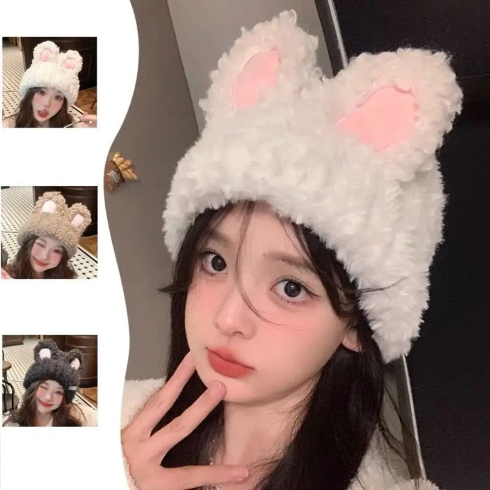 

Foldable Fluffy Rabbit Ear Beanies Elastic Sweet Knitted Hat Comfortable Solid Color Winter Outdoor Warm Cap Autumn Winter
