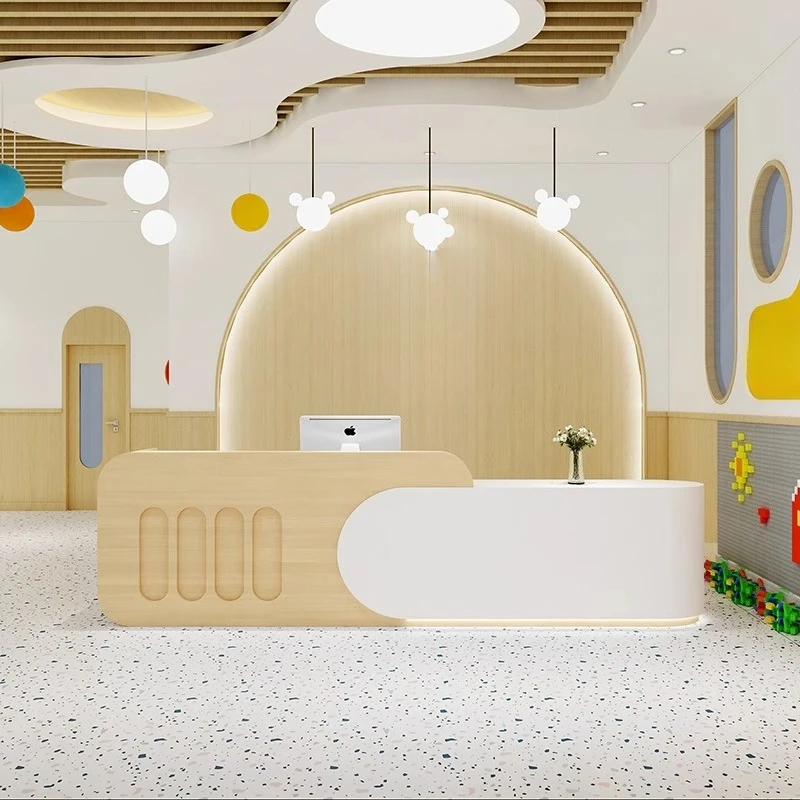 

Industrial Beauty Reception Desks Minimalist Wood Welcome Curved Reception Desks Aesthetic Company Scrivania Lounge Furniture