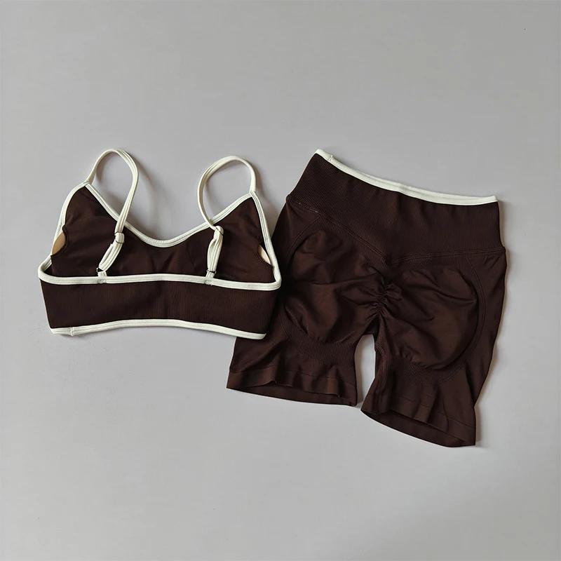 2PCS Yoga Suit Seamless with Chest Pad Tight Sports Bras and High Waist Shorts Outside Wear Running Exercise Fitness Yoga Set image 6