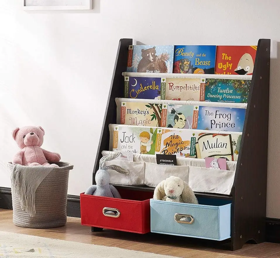 

Kids Bookshelf, 4 Sling Book Display Stand, 2 Toys Storage Organizer Cube Bins, Espresso