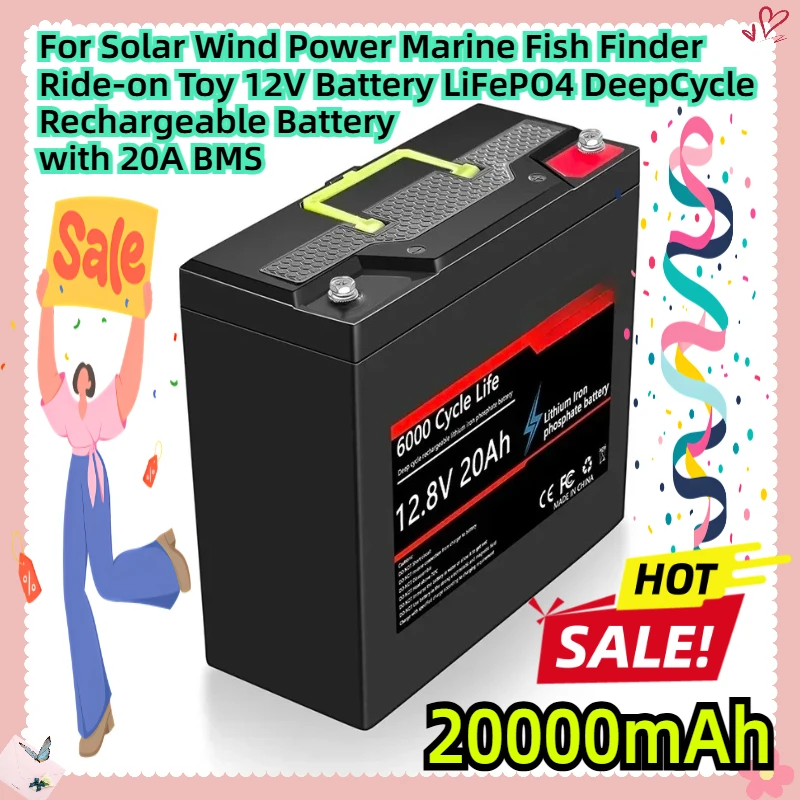 

For Solar Wind Power Marine Fish Finder Ride-on Toy 12V 20Ah Battery LiFePO4 DeepCycle Rechargeable Battery with 20A BMS