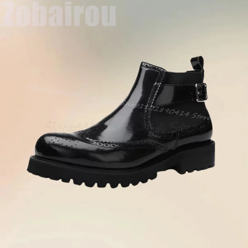 

Black Carving Design Buckle Decor Ankle Boots Fashion Slip On Men Boots Luxurious Handmade Party Banquet Office Men Dress Shoes