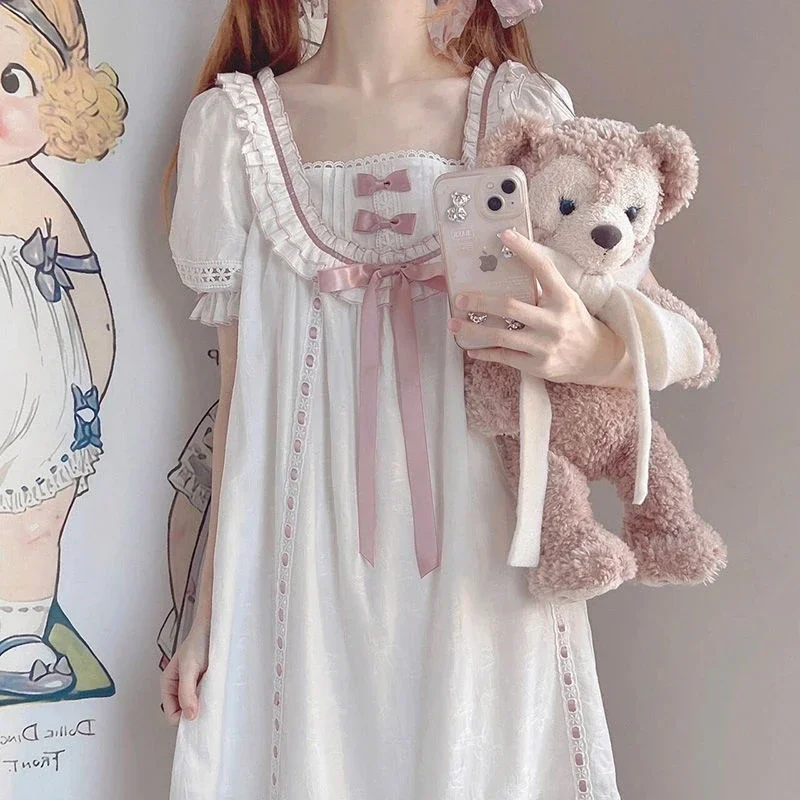 Sweet Nightdress Bowknot Lace Short Sleeve Ruffles Pajamas Women's Summer Kawaii Nightgowns Pajamas Soft Girls Casual Sleepwear