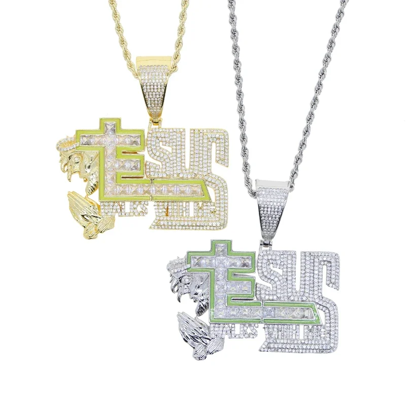 Grow In Dark Green Enamel Jesus Walks With Me Pendant Necklaces Iced Out Bling Cubic Zirconia Oil-Drip Charms Hip Hop Jewelry