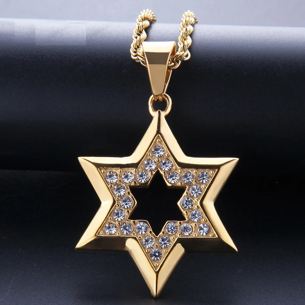 New Fashion Plated Alloy Hexagram Pendant Necklace Hip Hop Style Zircon Inlaid Cool Trendy Unisex Jewelry Accessory