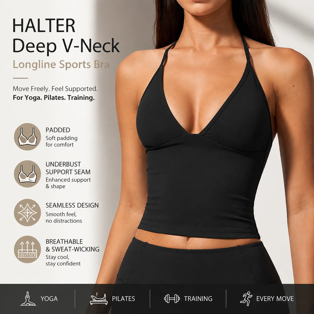 Women's Padded Halter Sports Top, Longline Gym Workout Crop Bra, V Neck Yoga Tank Top with Chest Support